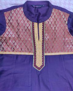 Purple Ethnic A-line Kurta With Red &amp; Golden Jari