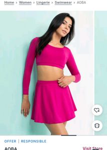 Women Magenta Solid Swim Top with Skirt