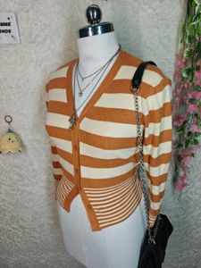 Striped V-Neck Button-Up Cardigan