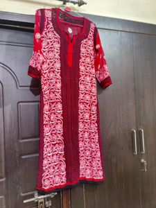 Chikankari Red Kurti With White Threadwork