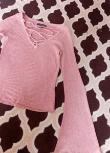 Pink Bell Sleeve Lace-Up Top