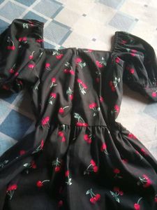 Cute Cherry Print Puff Sleeve Dress (S)