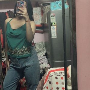 Chatpata90s Elegant Green Embellished Halter Top