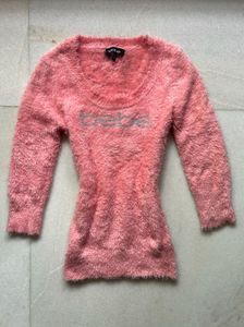 Y2k bebe pink fur fitted top