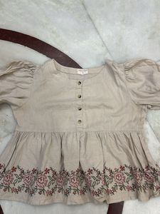 Embroidered Beige Peplum Top