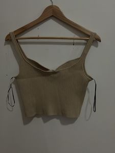 Ribbed Beige V-Neck Crop Top