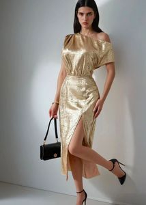 Newme Gold Metallic Asymmetric Neck Midi