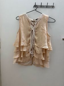 Cream Lace-Up Tiered Sleeveless Top