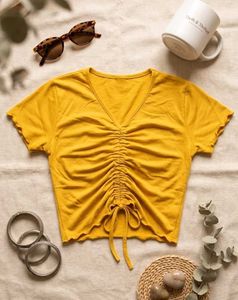 Yellow Ruched V-Neck Top