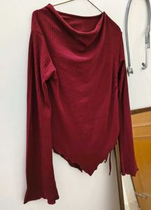 Maroon Ribbed Asymmetric Hem Top with Bell Sleeves