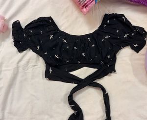 Goa Black Bird Print Wrap Crop Top🐦‍⬛