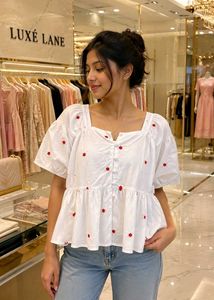 White Peplum Top with Red Embroidery
