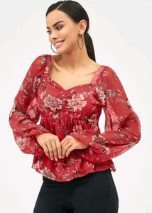 Chic Red Floral Print Peplum Top