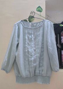 Light Blue Smocked Hem Blouse