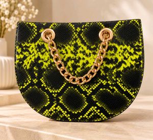 Neon Green &amp; Black Snakeskin Half-Moon Bag
