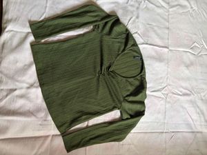 Olive Green V- Neck Ribbed Top | Full Slee