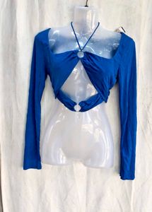 Blue Cutout Ring Detail Long Sleeve Top