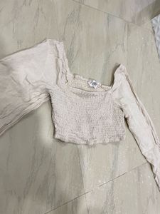 Beige Crop Top with Long Sleeves
