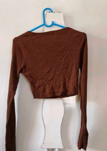 Brown Ribbed Cropped Henley Top