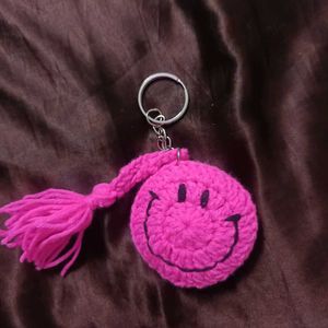 Cute Pink Smiley Crochet Keychain with Tassel