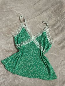 y2k Green Floral Lace Trim Cami Top