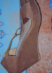 Brown Suede Heels with Gold Accents