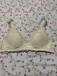 Cream Striped Lace Trim Bra
