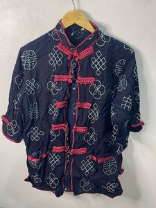 Unique Embroidered Blue Mandarin Collar Top