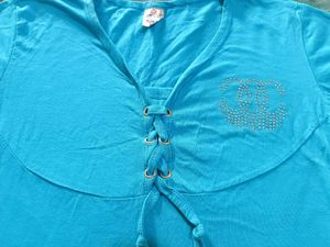 Blue Lace-Up V-Neck Tee