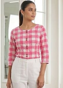 Pink Gingham Button-Up Tunic Top