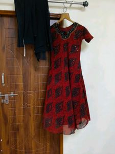 Red Printed Embellished long frock chudidar