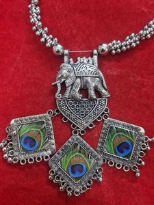 Oxidised Silver Peacock Feather Jewellery Set