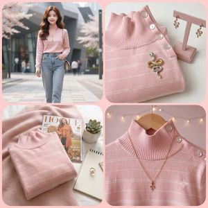 Chic Pink Striped Turtleneck Sweater