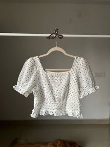 White Polka Dot Puff Sleeve Crop Top