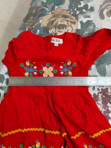 Red Cotton Frock With Embroidery
