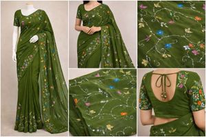 Olive Green Embroidered Saree with Floral Work