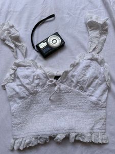 White Eyelet Ruffle Crop Top