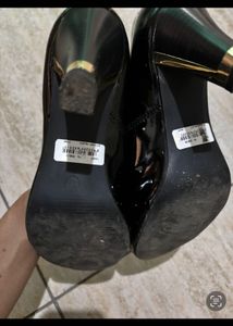 Women's Black Patent Pumps with Gold Heel
