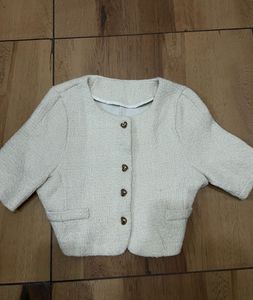 Cream Textured tweed Cropped Jacket