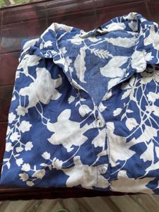 Blue &amp; White Floral Button-Up Shirt Max XL
