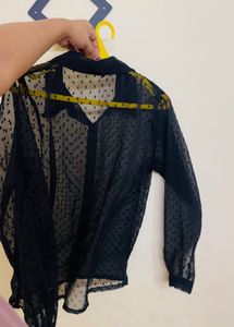 Black Sheer Polka Dot Mesh Shirt Top
