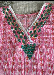 Pink Printed Kurta with Embellished Neckline