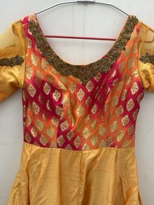 Ethnic Gown With Dupatta Orange Yellow Colour