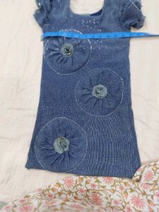Denim Dress with Flower Embellishments