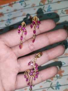 Elegant Pink Stone Pendant Set with Matching Earri