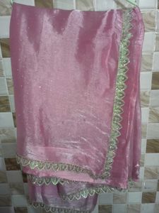 Elegant Pink Shimmer Saree with Silver Border |