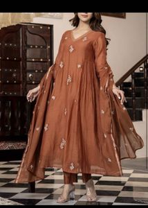 Elegant Brown Embroidered Kurta Set