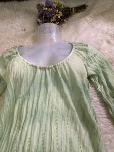 deep neck Green Textured Long Sleeve Top