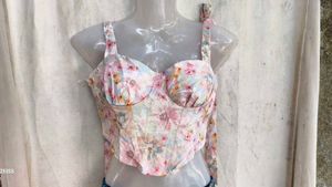 I. Floral Corset Top with Blue Lace Detail