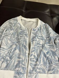 Light Blue Leaf Print Bomber Jacket